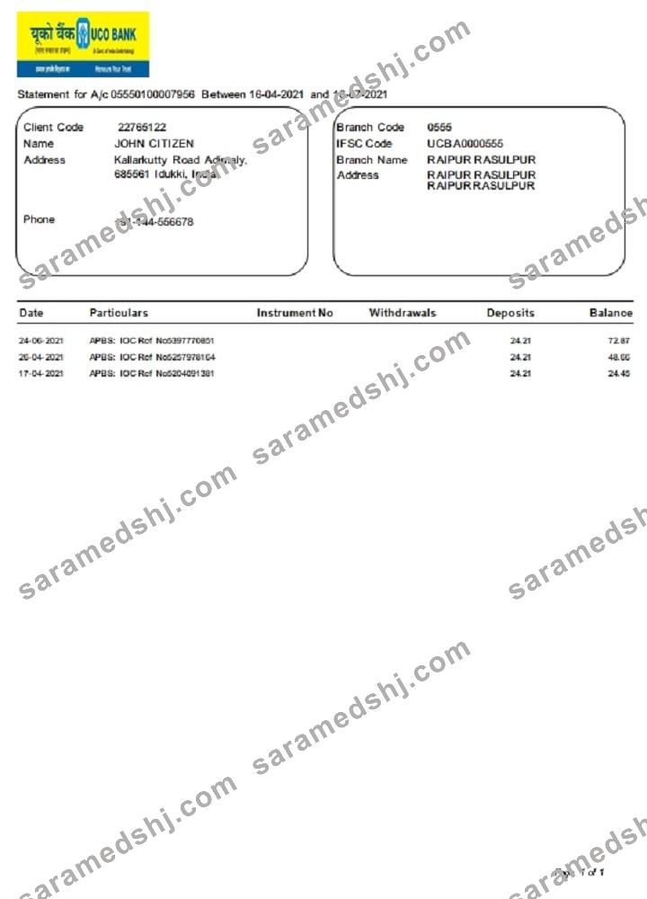 India UCO bank statement template in Word and PDF format